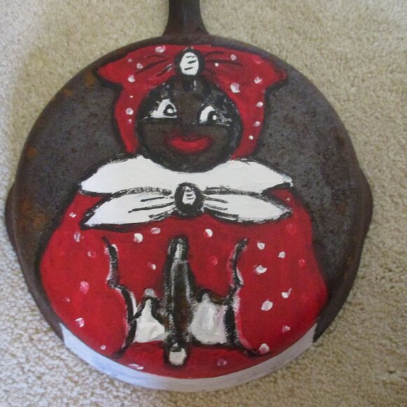 Rustic, VTG Cast Iron skillet 13" x 8" Hand Painted Black Americana, heavy - Picture 5 of 6